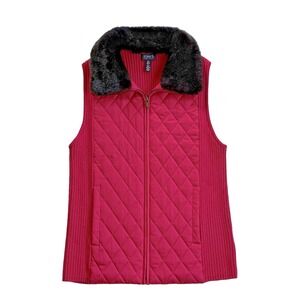 Jones New York Quilted Sweater Vest M 8 10 Faux Fur Collar Sleeveless Jacket Red